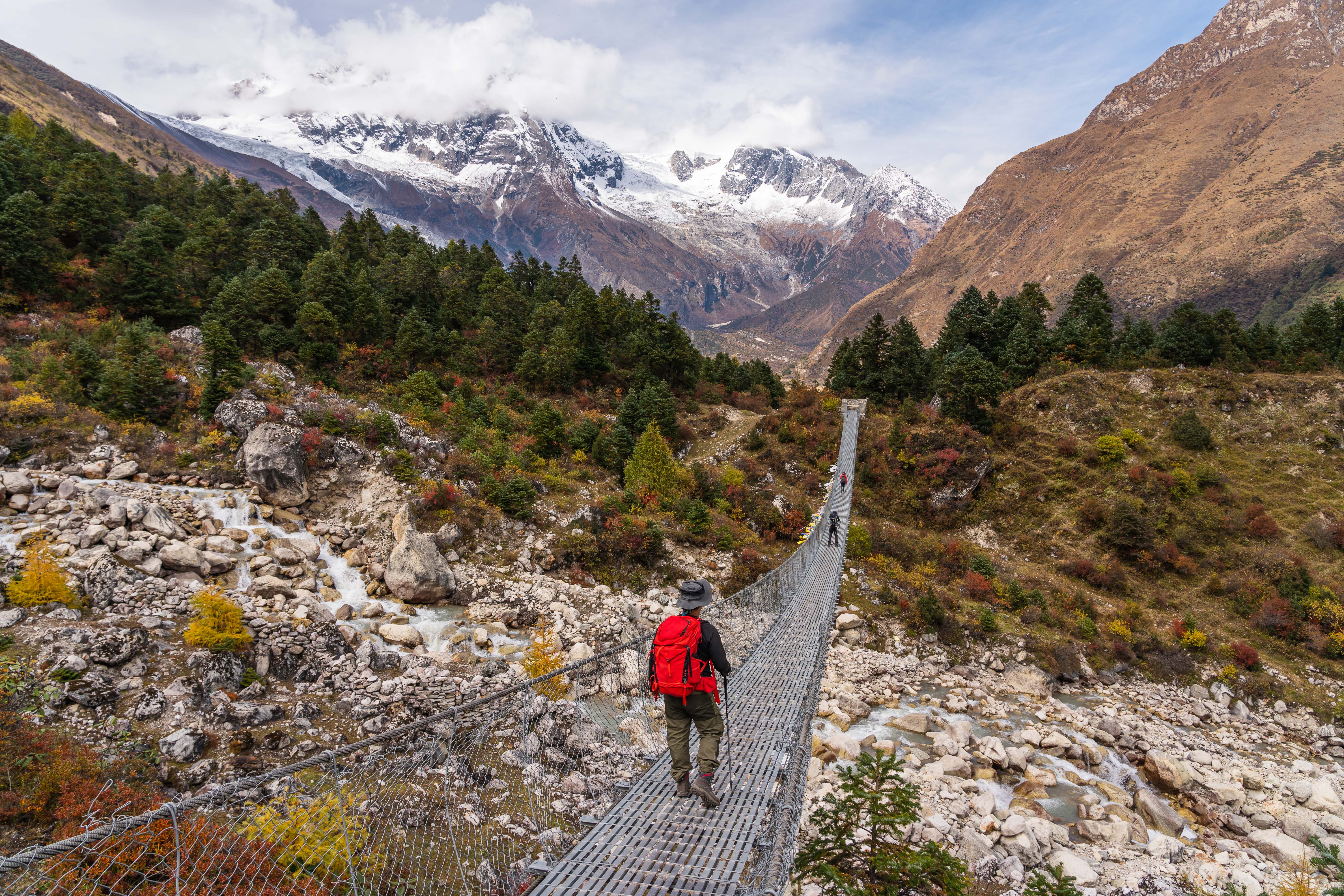 Walk across the suspension bridges in Manaslu