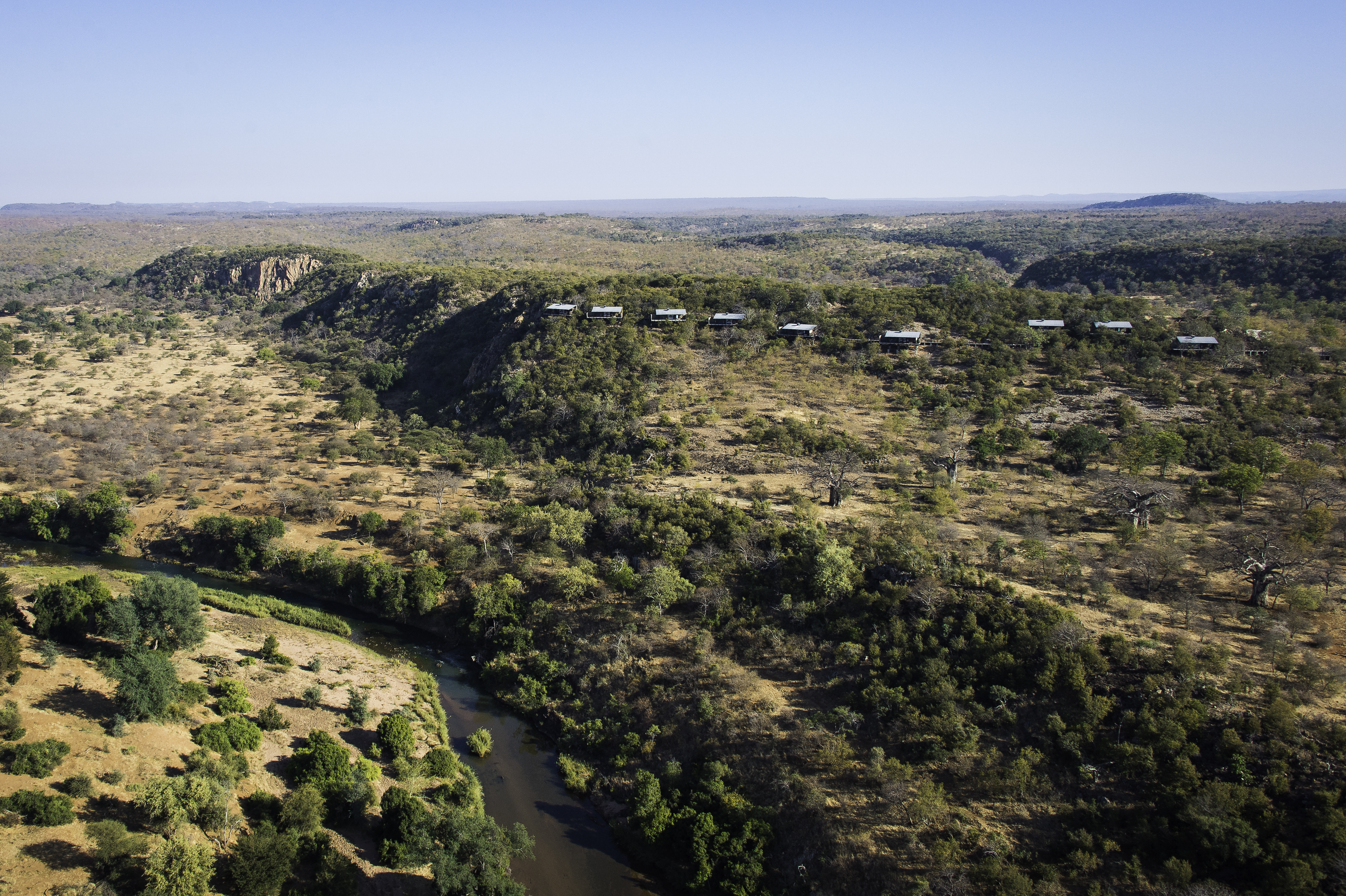 Arial view of the lodge, overlooking the river 