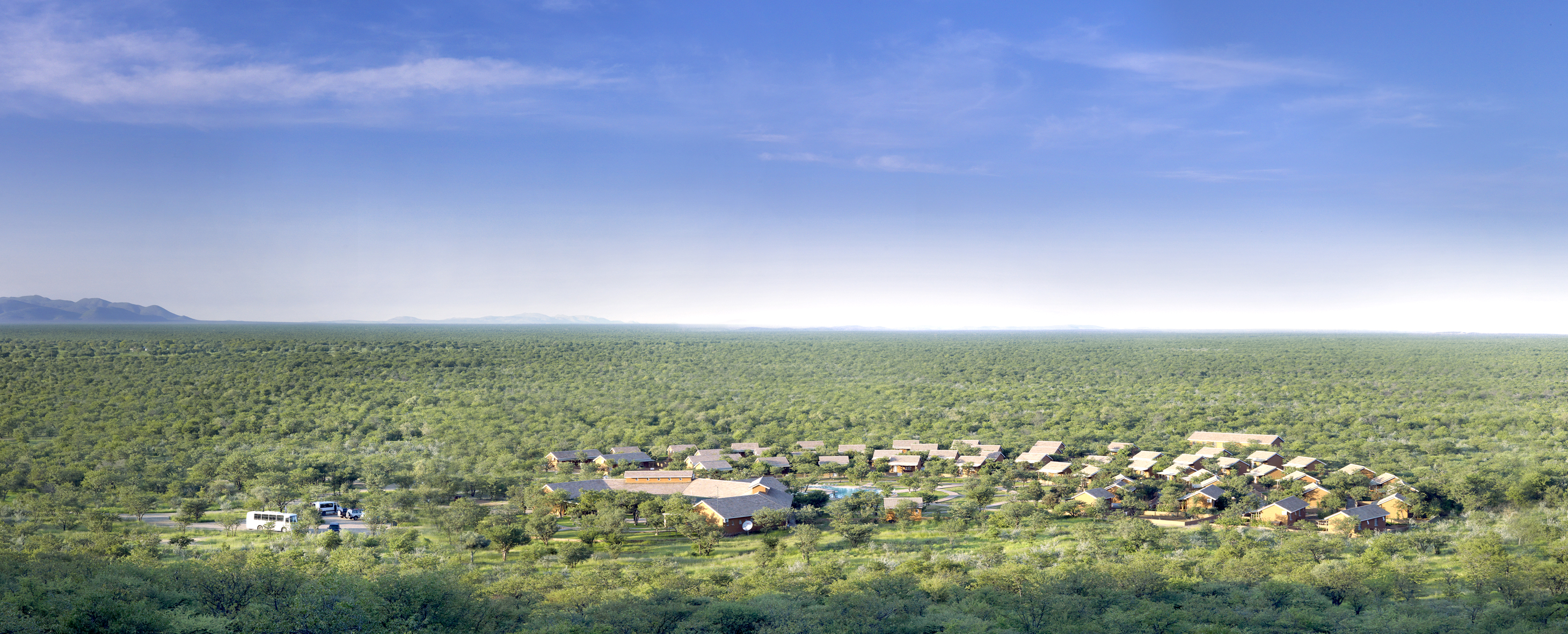 The lodge is beautifully integrated into the landscape.