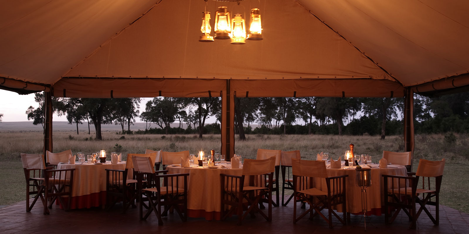 The dining tent has sweeping views over the plains of the Masai Mara National Reserve