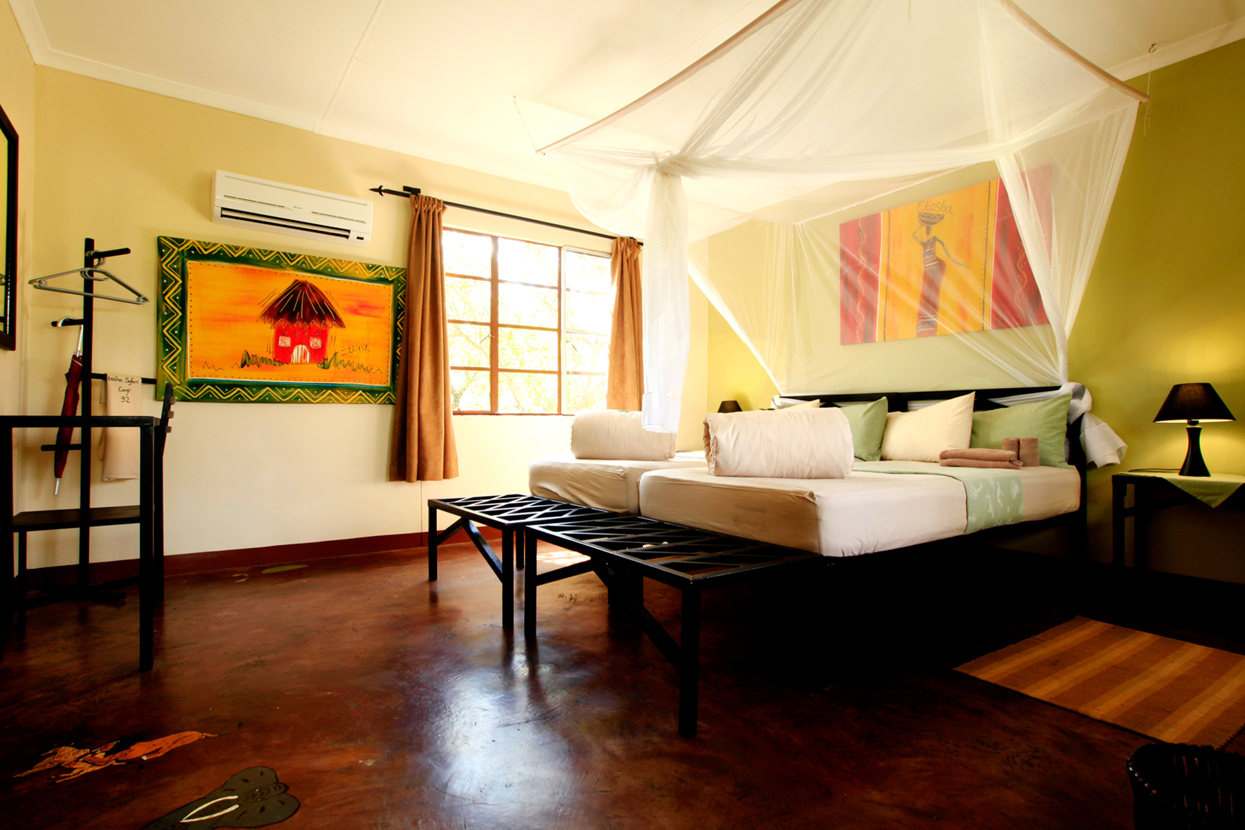 The interior of a bungalow at Etosha Safari Camp.