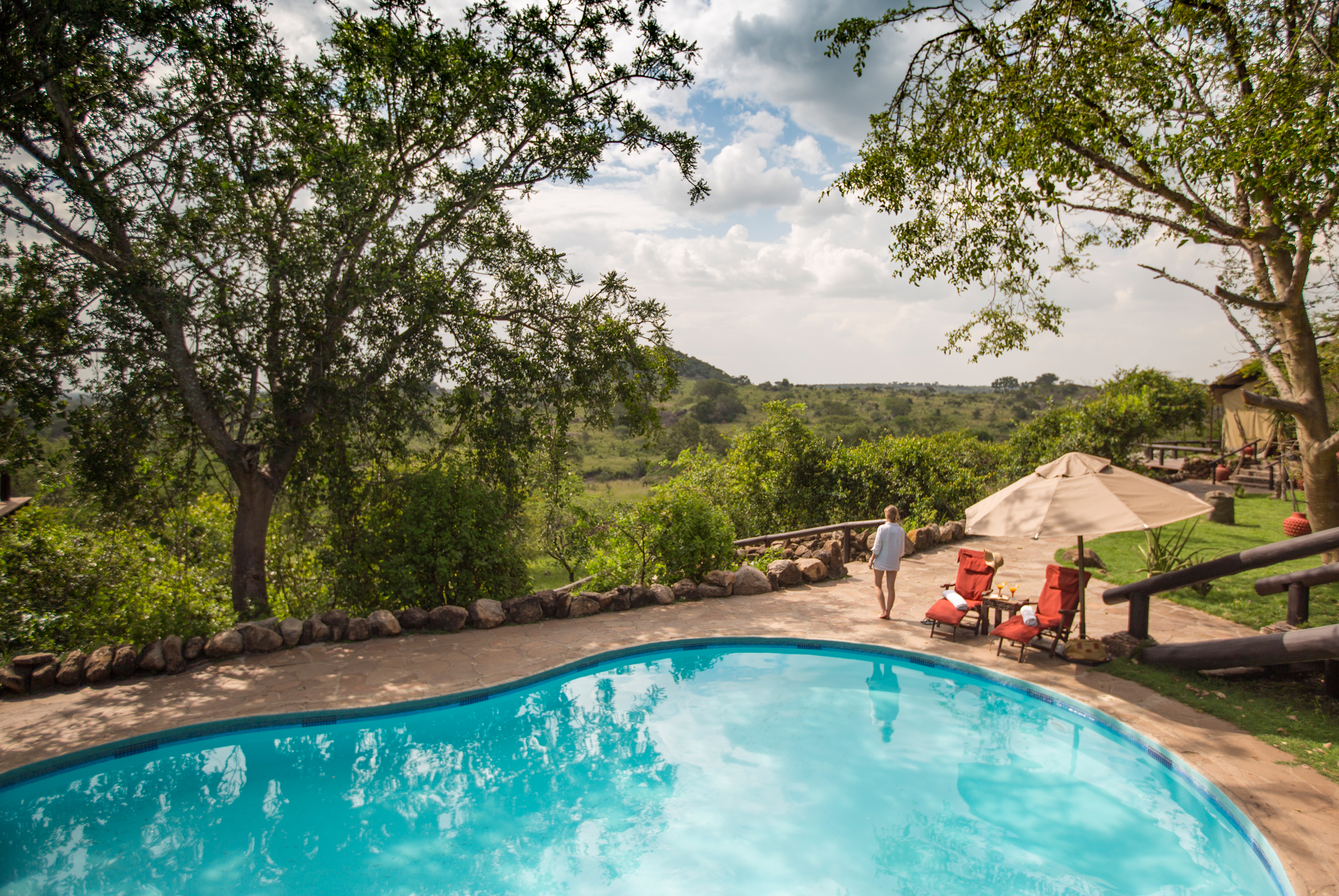 View from lounge over pool, with dining tent on the right