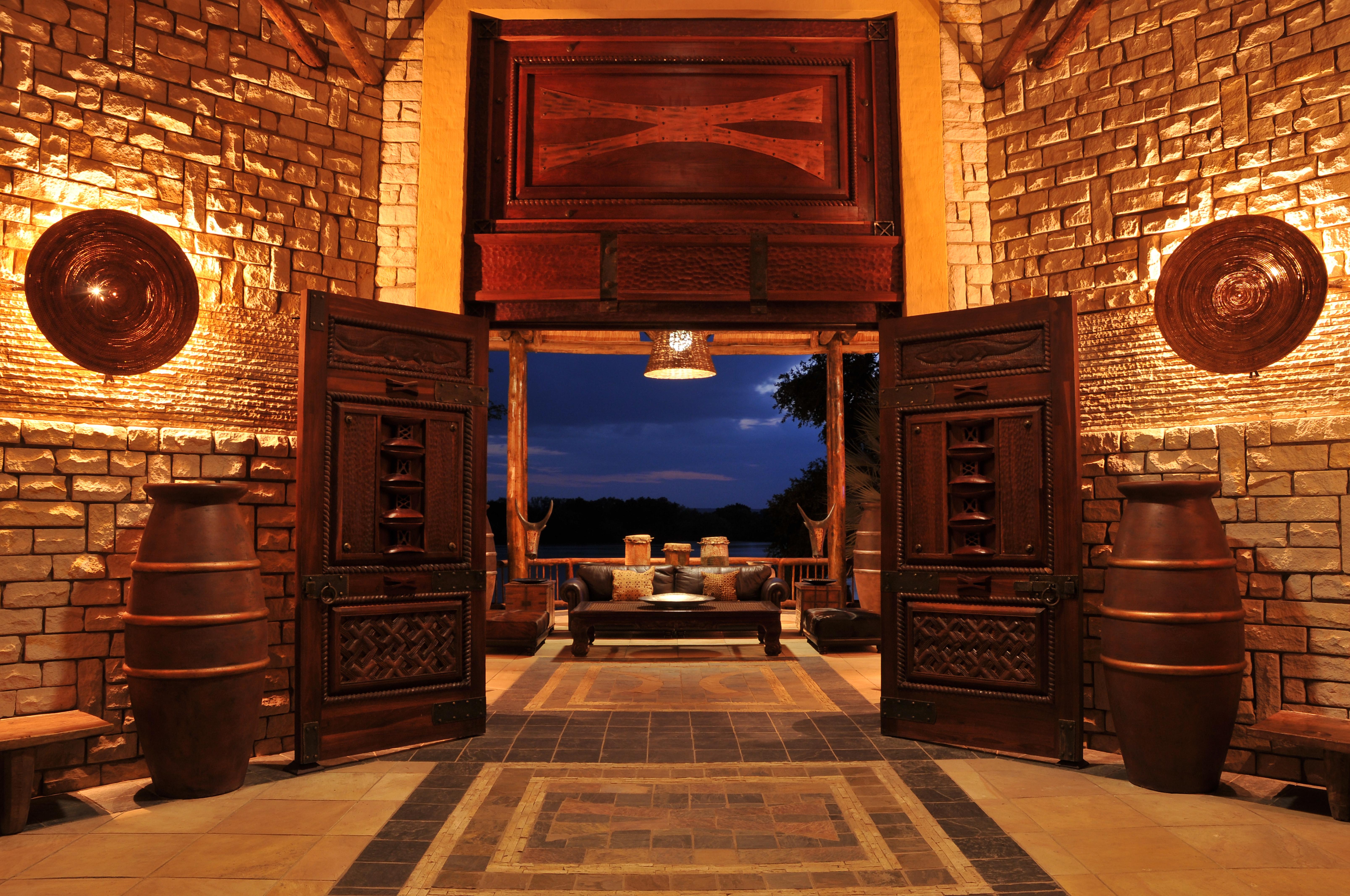 The hotel's beautiful entrance overlooking the Zambezi