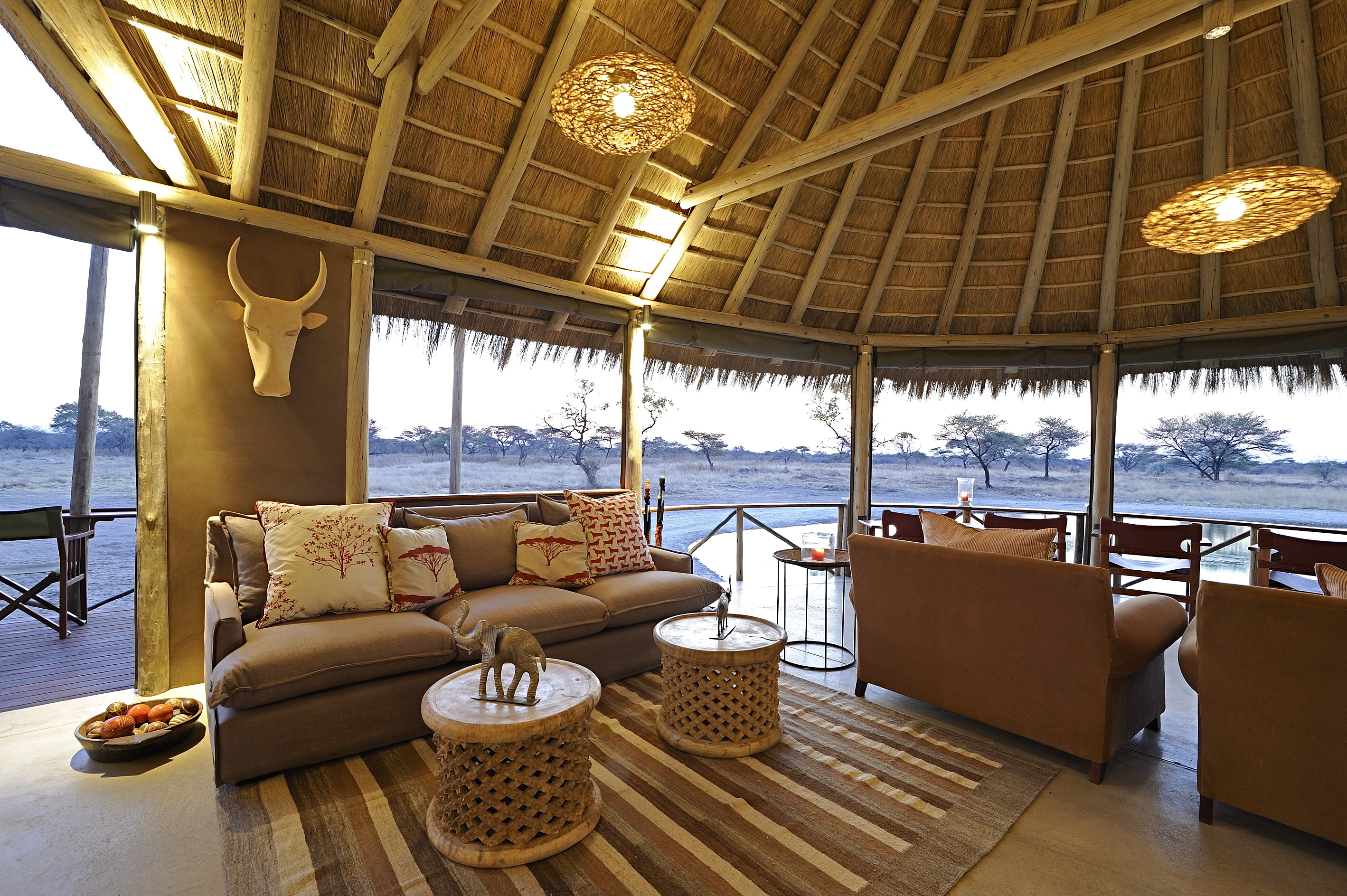 The lounge - a perfect place to relax and view the waterhole at Onguma Bush Camp
