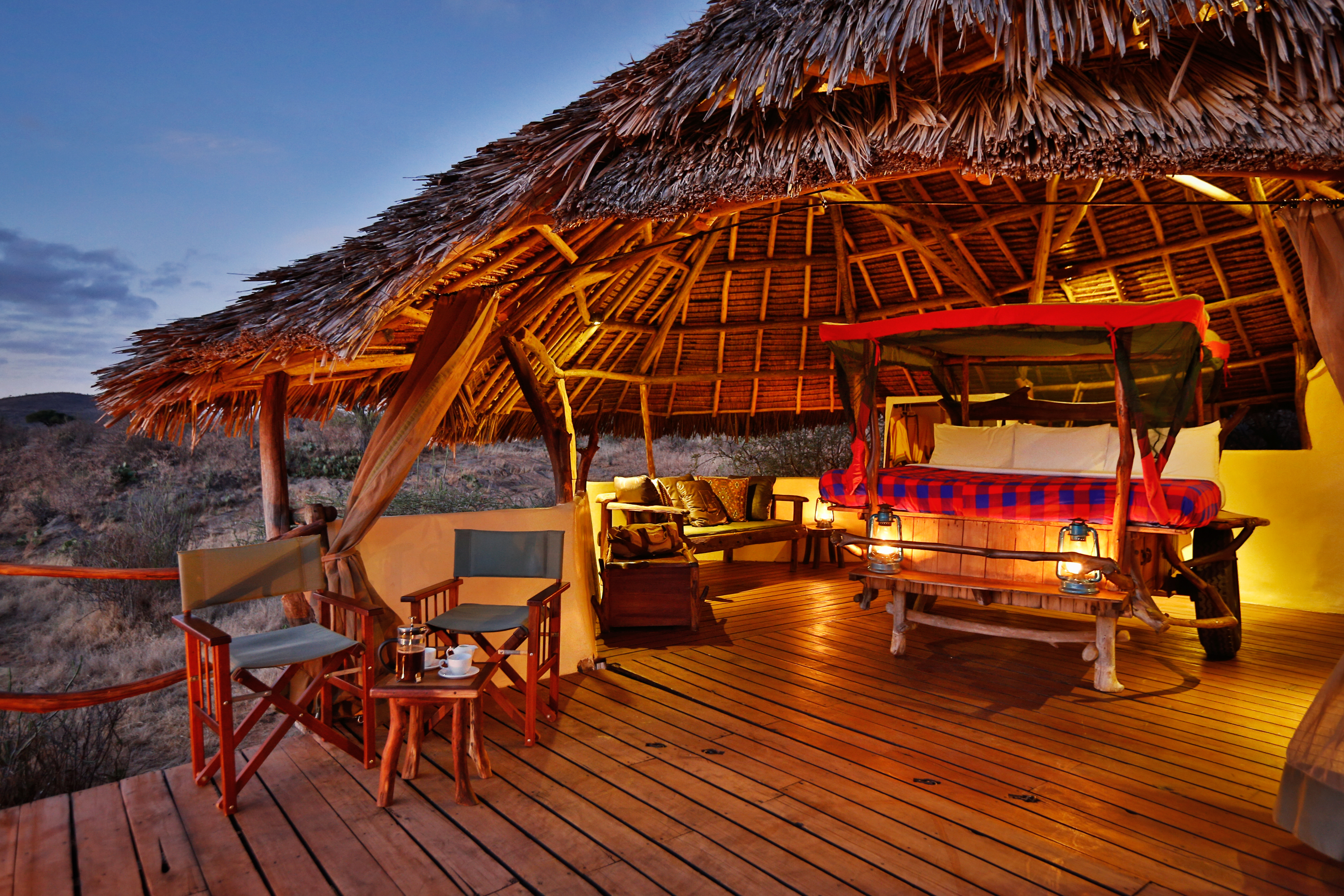 The open-plan thatched-roof rooms of the Star Beds