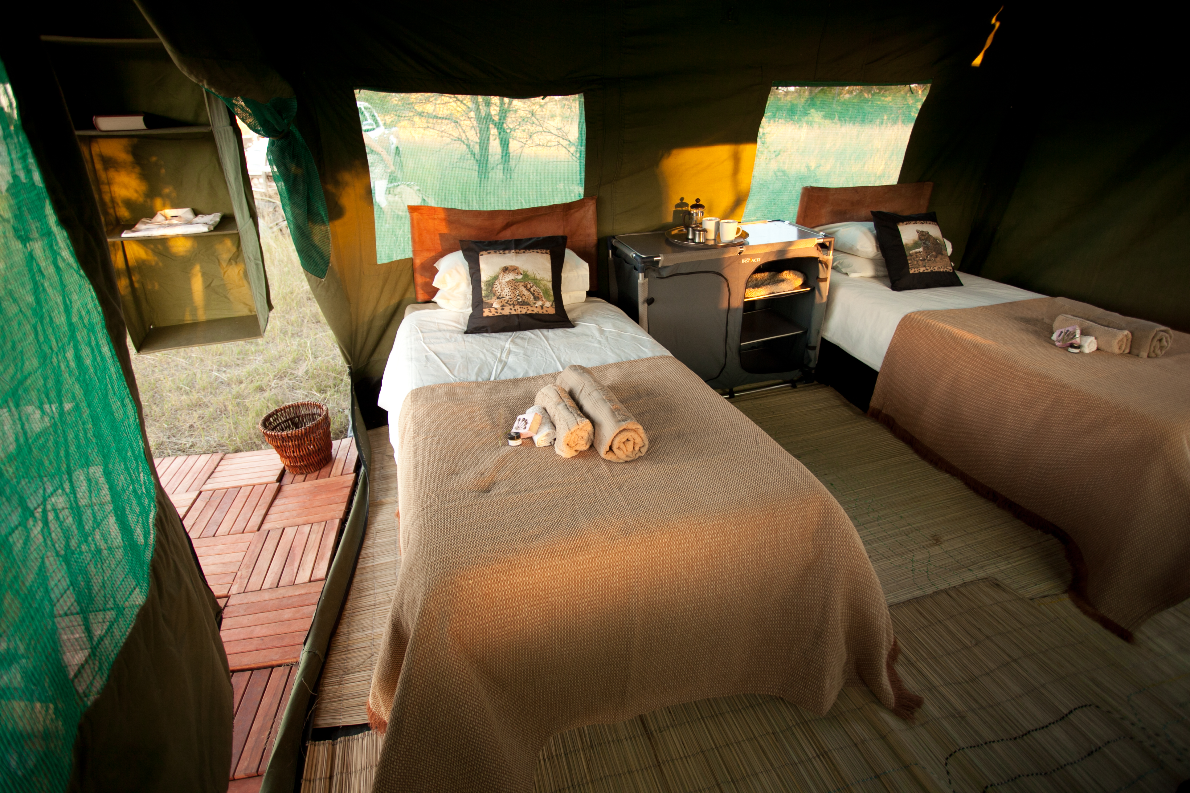 Tents are furnished with comfortable beds 