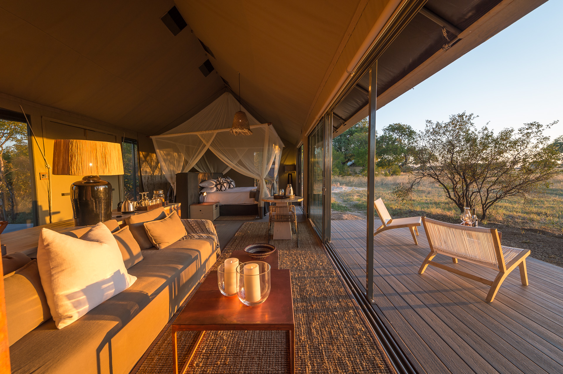 The spacious guest tent lounge and outdoor deck