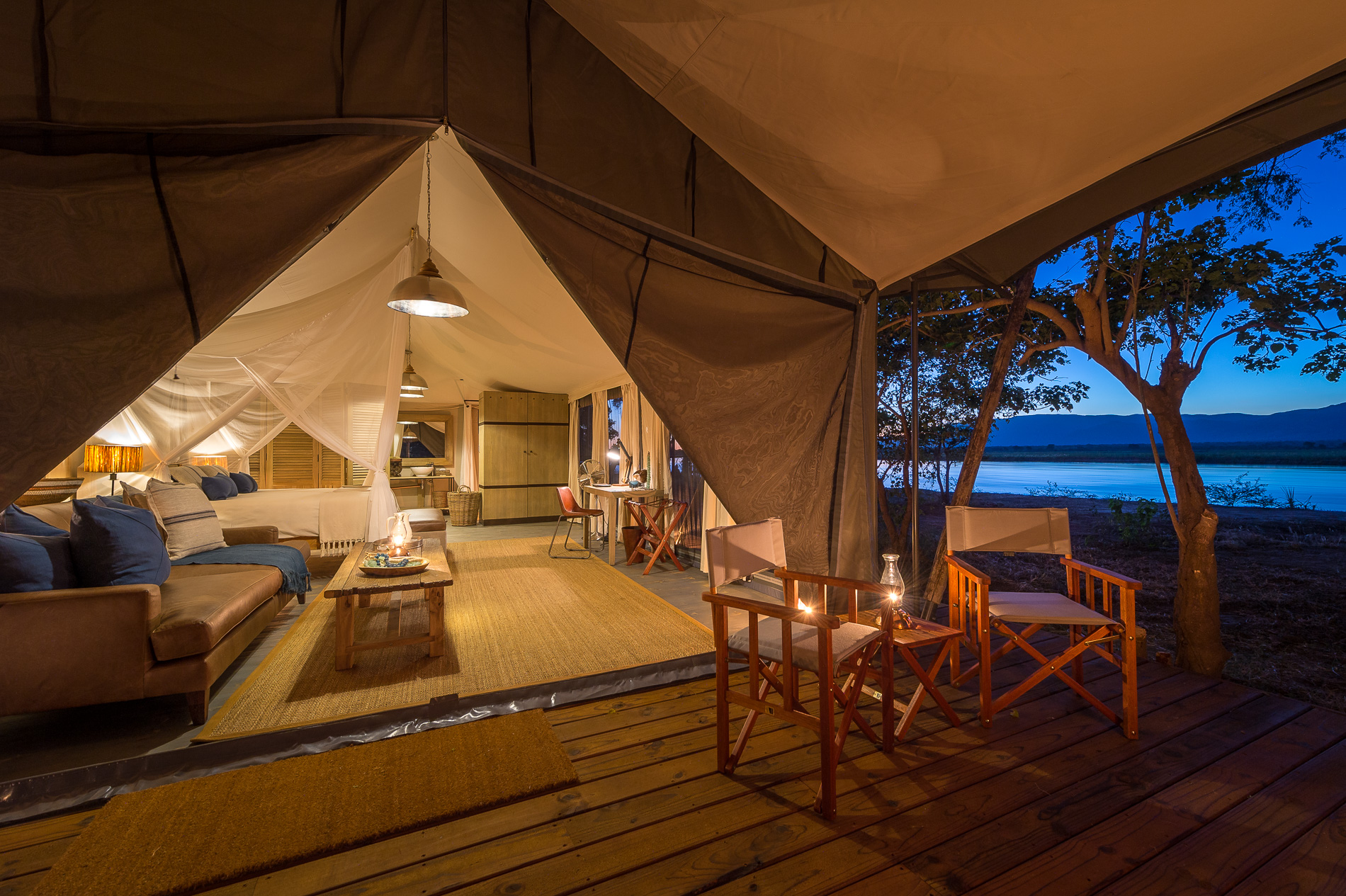 Guest tents overlook the Lower Zambezi River