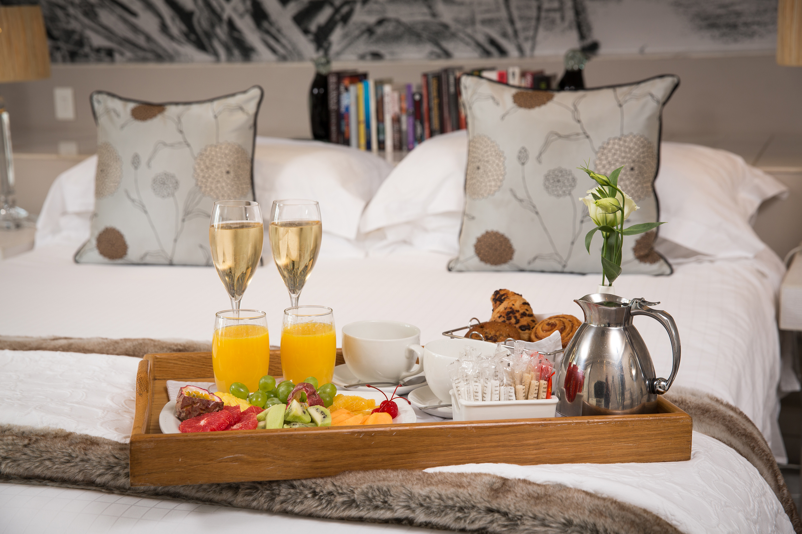 Hotel room with room service tray