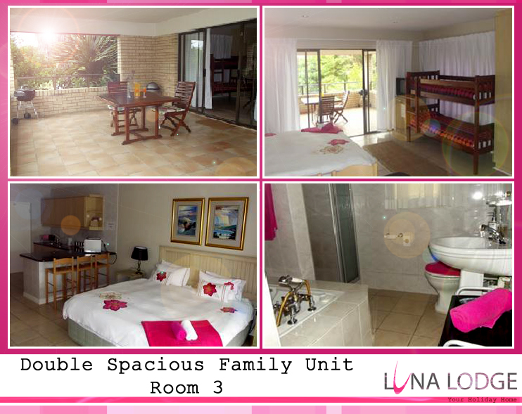 — Shared ground floor balcony with sea and mountain views.   — Standard King size & double stack bed – sleeps 4 adults.   — En suite bath and shower.   — Full open plan kitchenette with braai facilities on balcony.