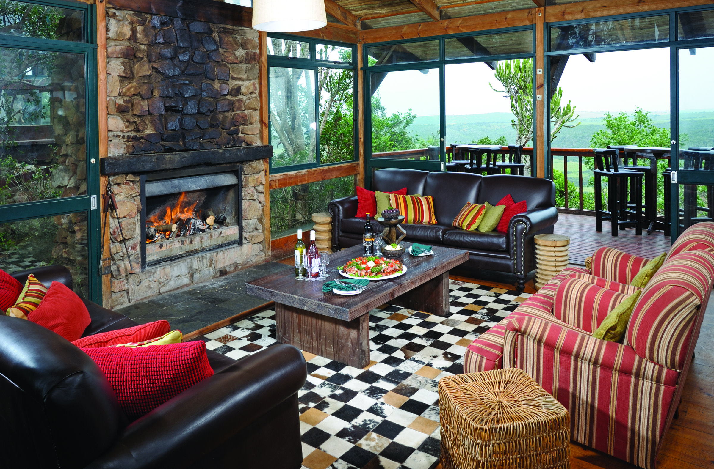 Grab a drink at the bar, step out onto the deck, or just relax around the fire.