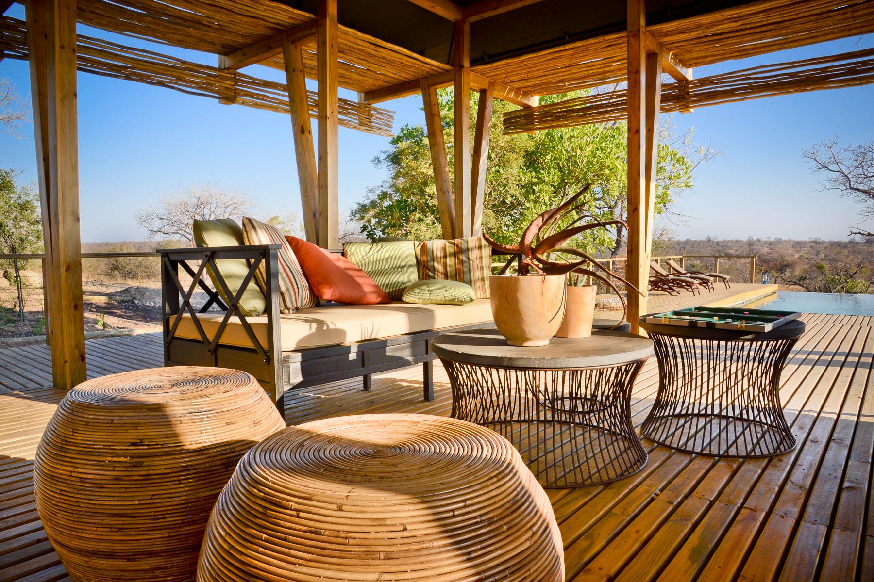 Covered pool lounge for shaded outdoor relaxation
