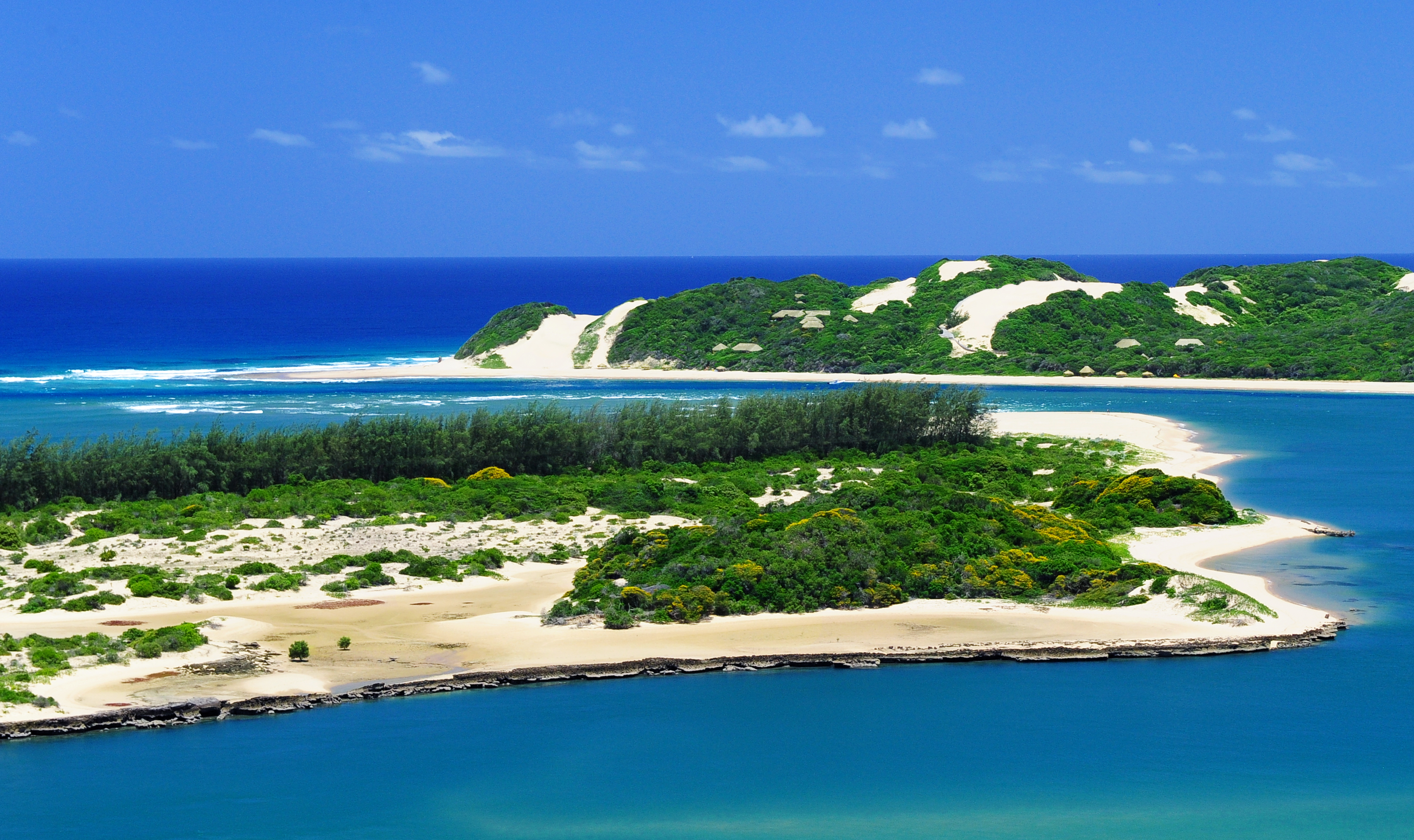 Aerial overlooking Inhaca Island with lodge in the background