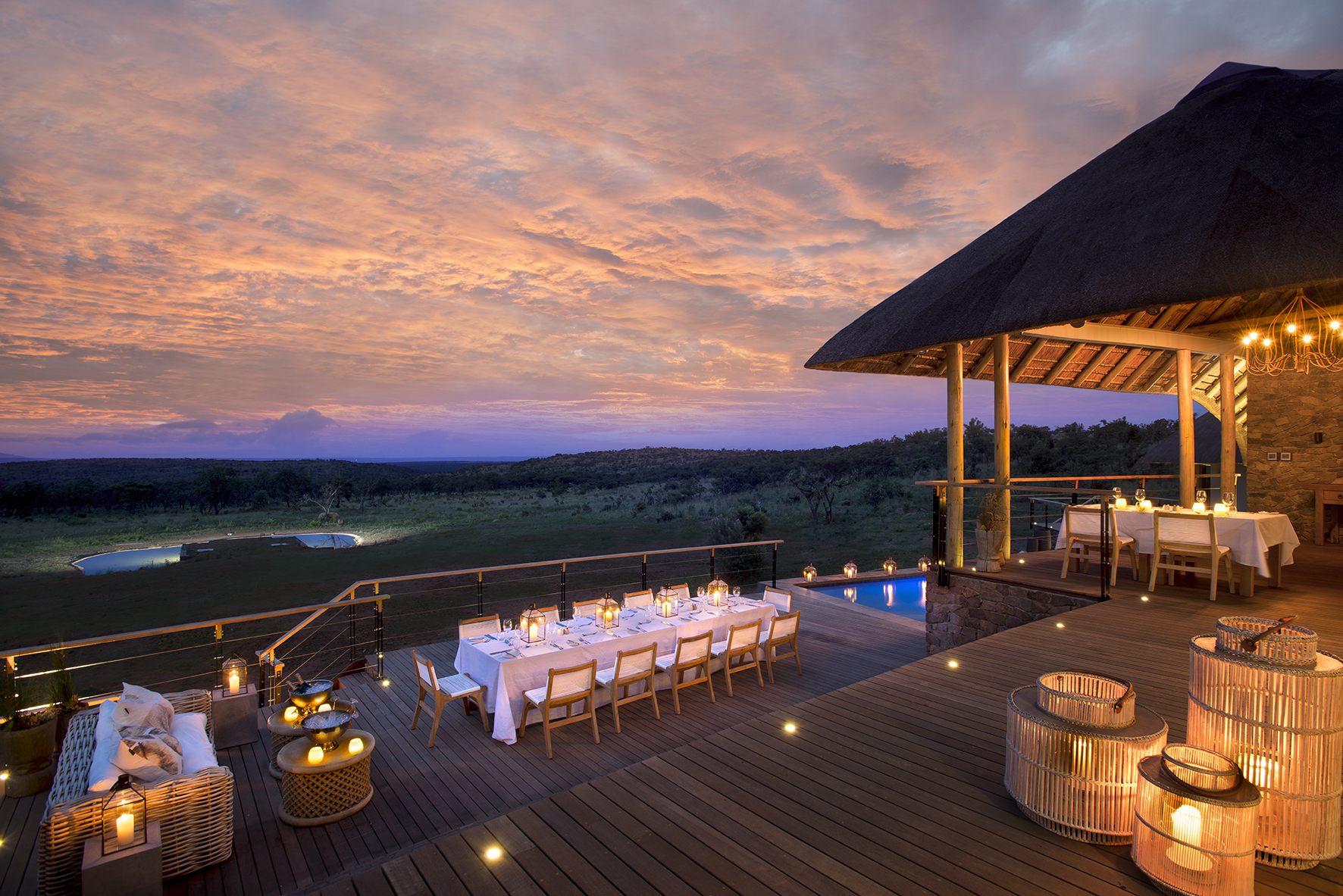 Mhondoro Game Lodge- Main Lodge Evening deck