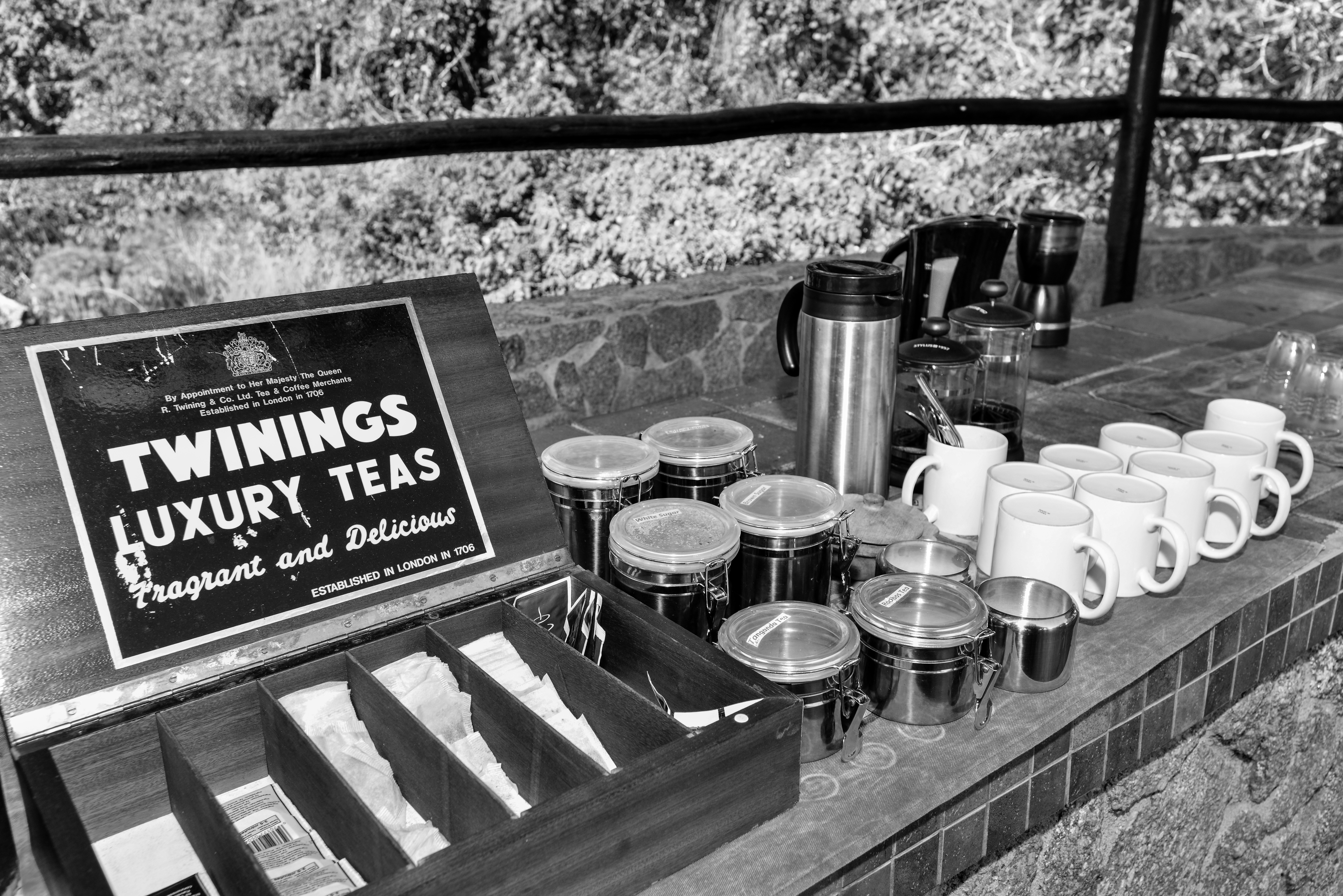 A selection of teas and coffees are available.