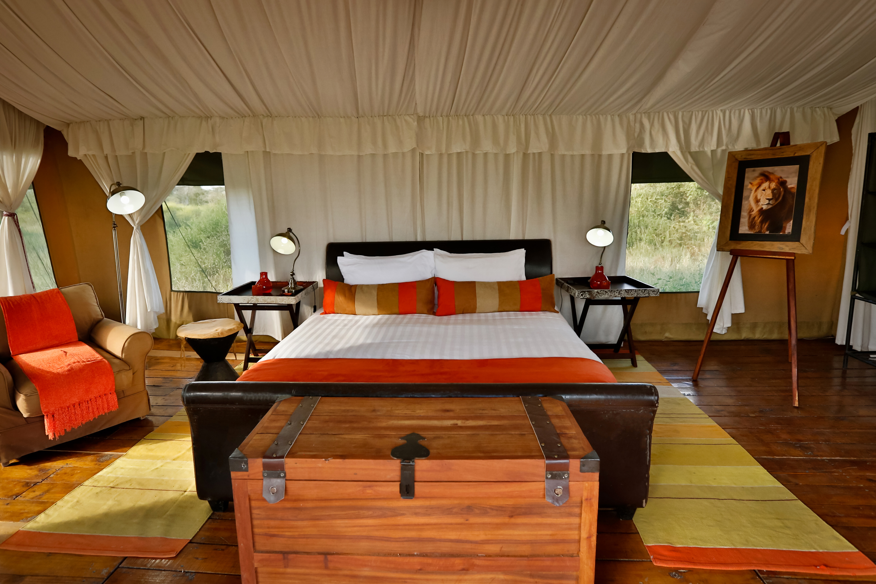 A couple of tents enjoy a king bed.  All are ensuite with flushing toilets and hot showers.  Power is provided by an inverter and available 24 hrs a day.  Very spacious with lots of room to relax and unwind