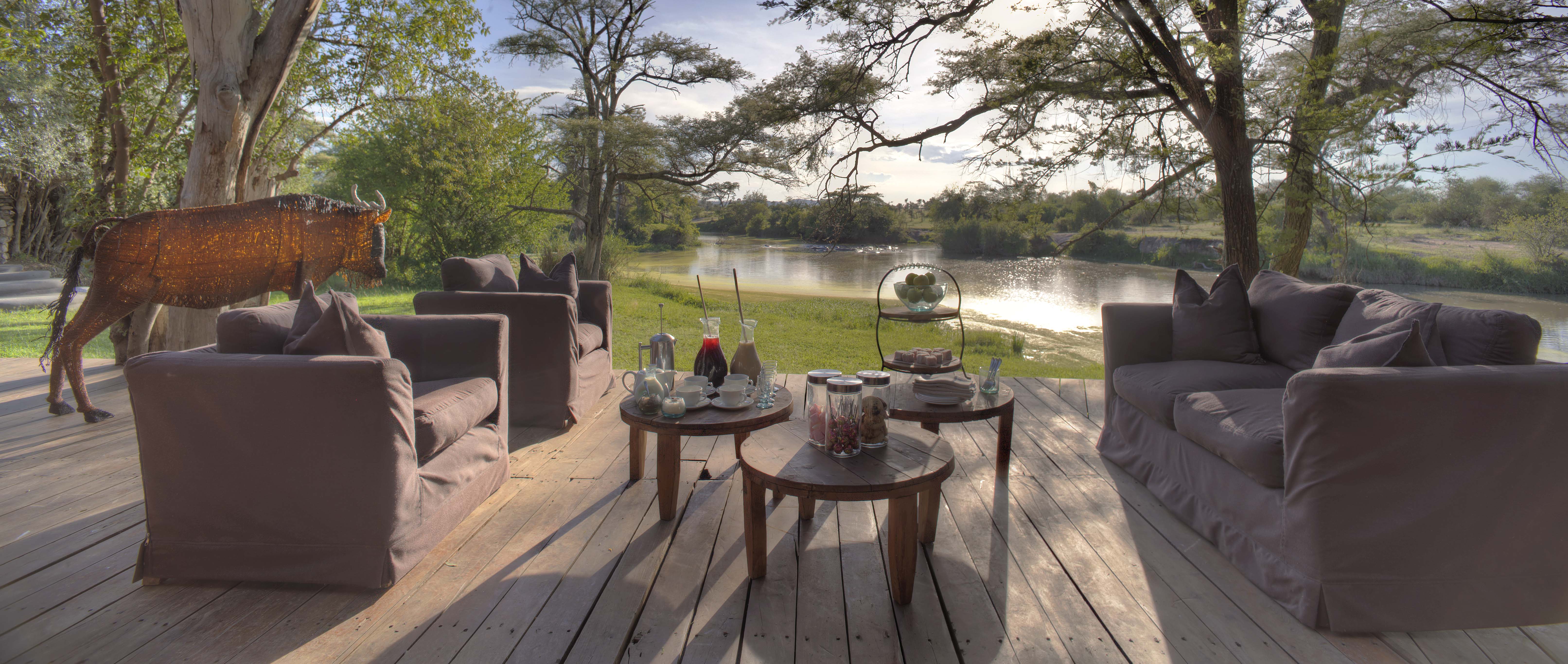Guest areas boast views of the river and its resident hippo