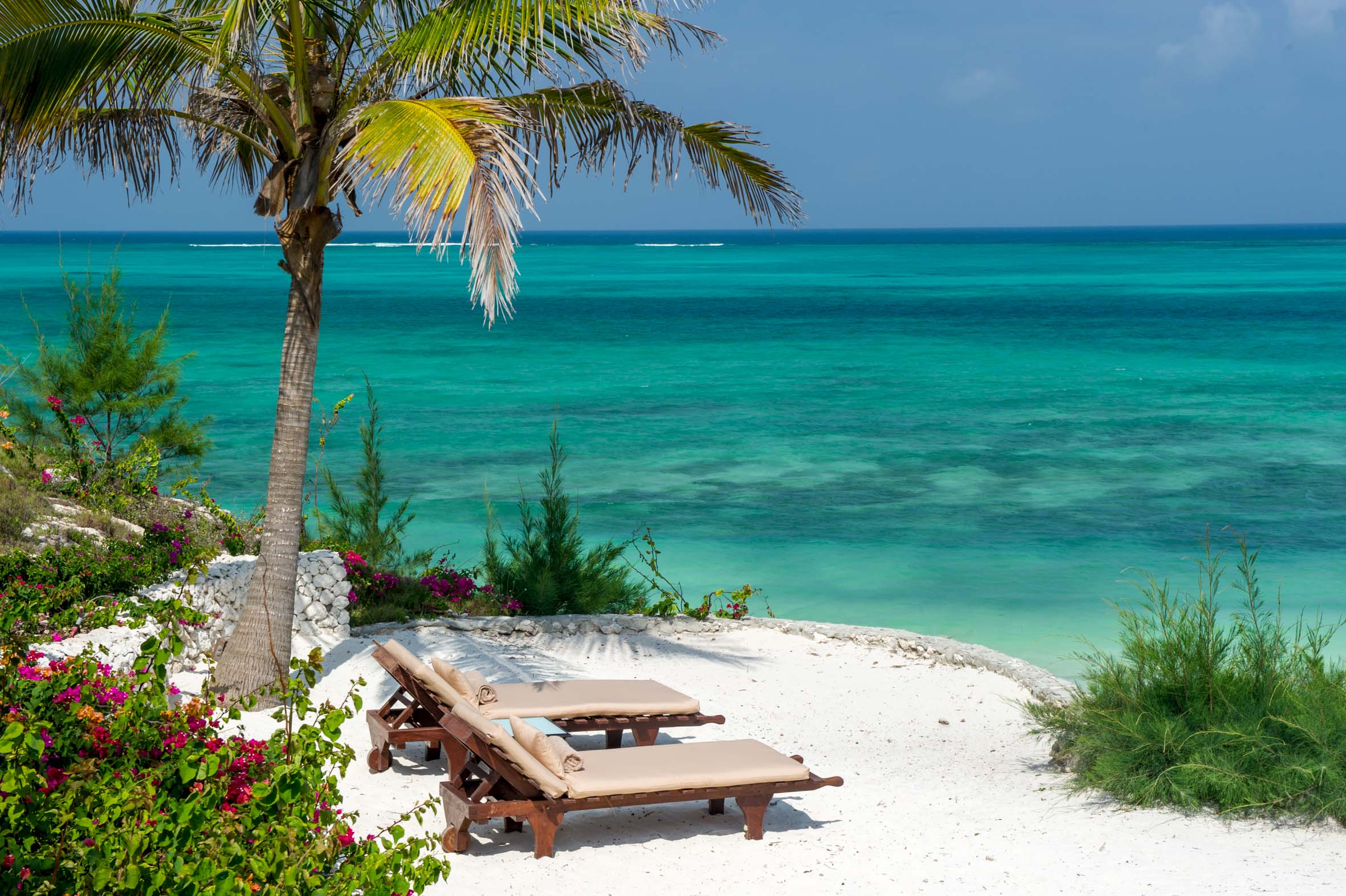 A view of the cool blue ocean from the lounges on the beach at Zawadi Resort and Spa, Zanzibar.