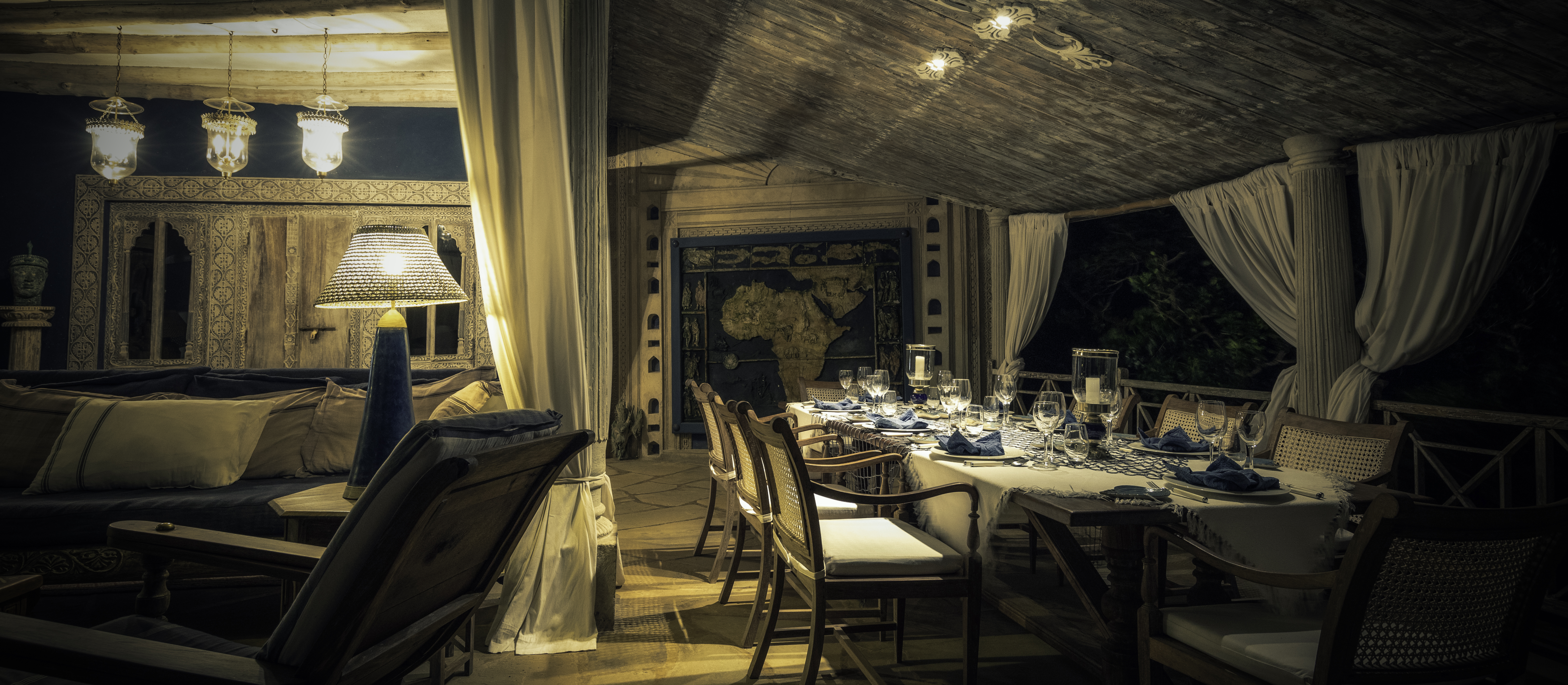 Lounge and dining area at night