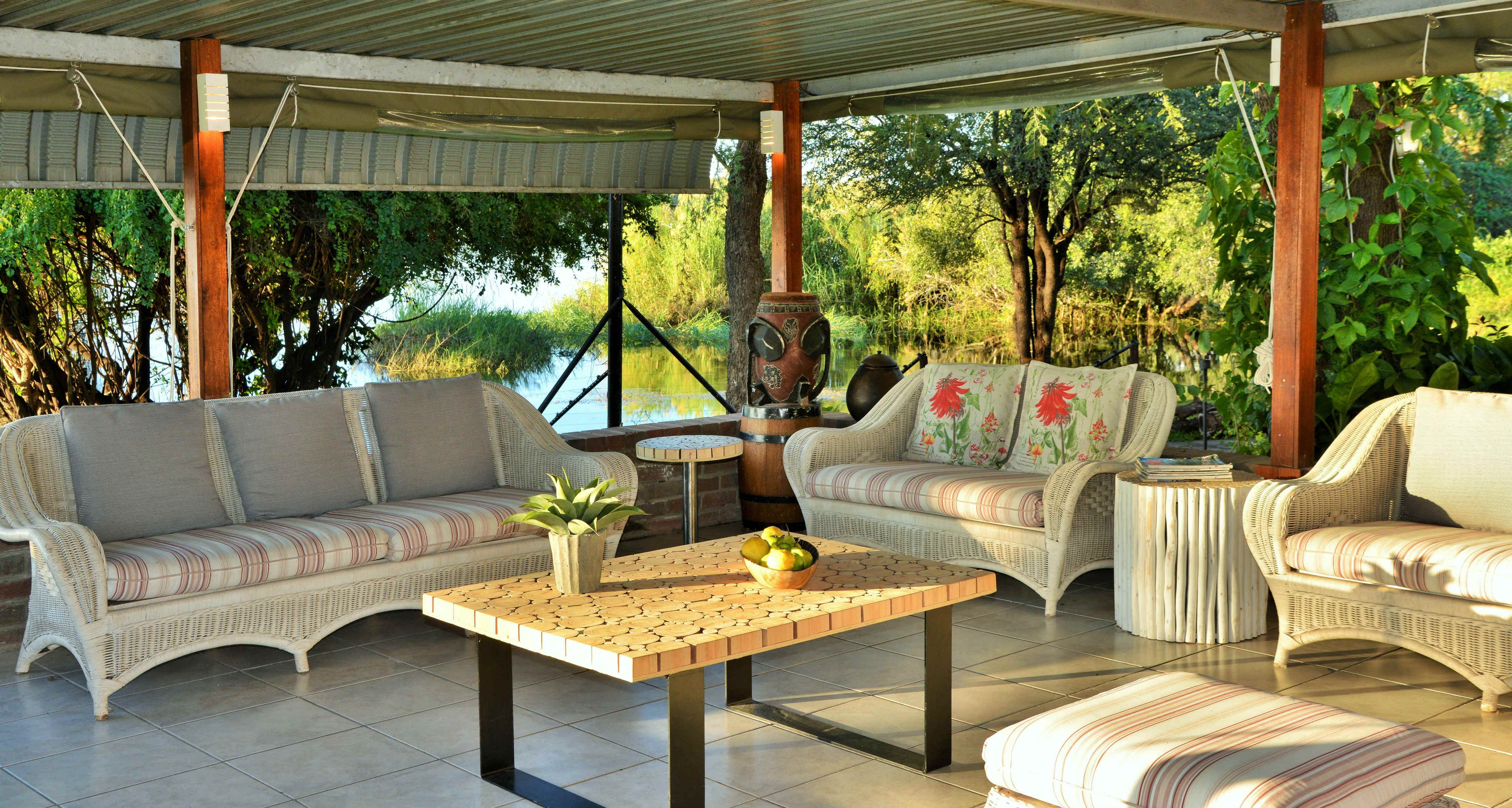 Lounge area at River View Lodge, overlooking the Chobe River.