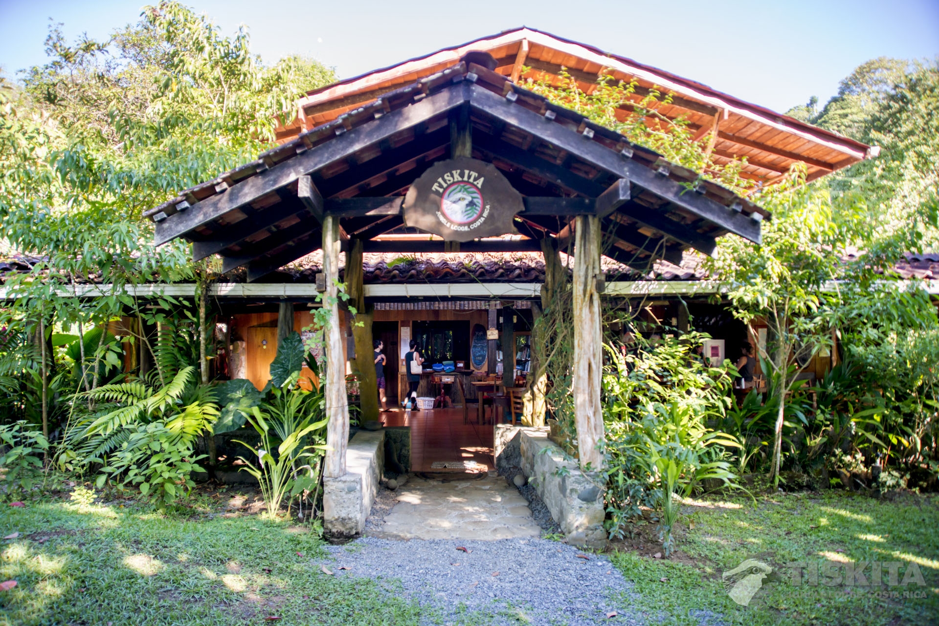 Main lodge with the rainforest in the foreground and a view of the ocean at the front.