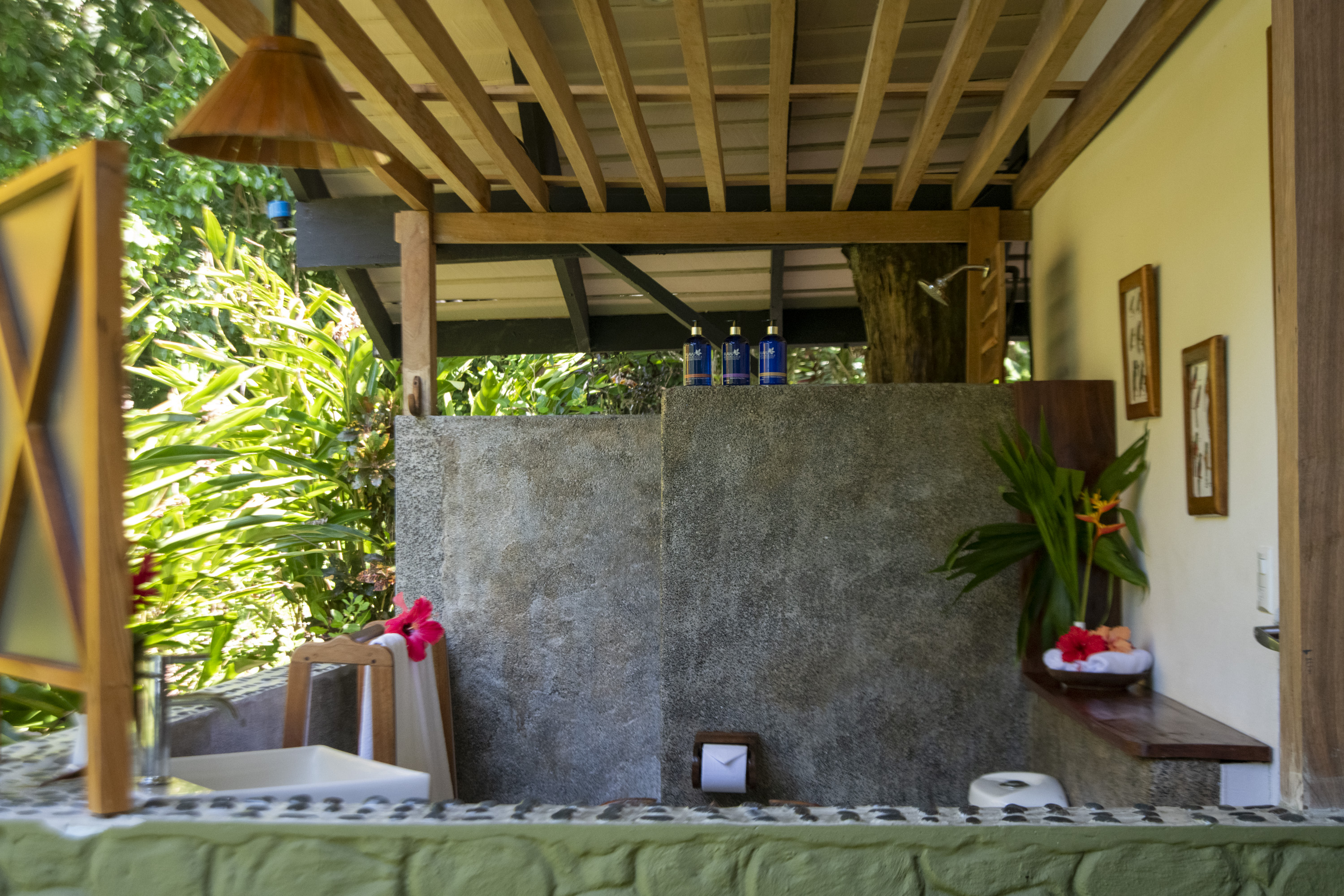 Some of the bathrooms are semi-outdoors with beautiful views of the forest and ocean outside. Very private as well. 