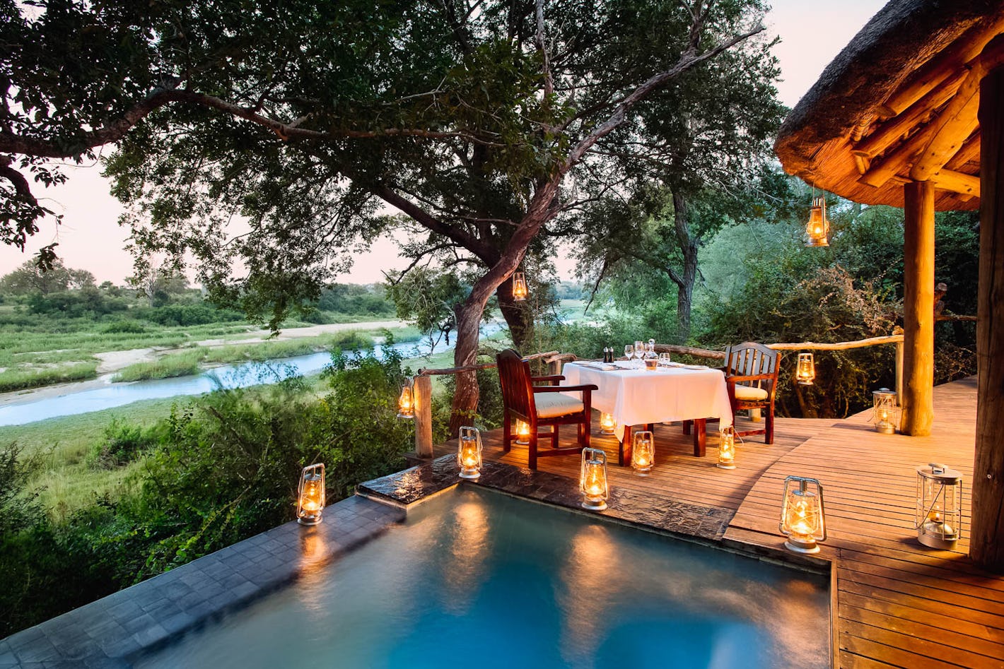  Beyond Exeter River Lodge Private Dining River View Plunge pool Lanterns 
